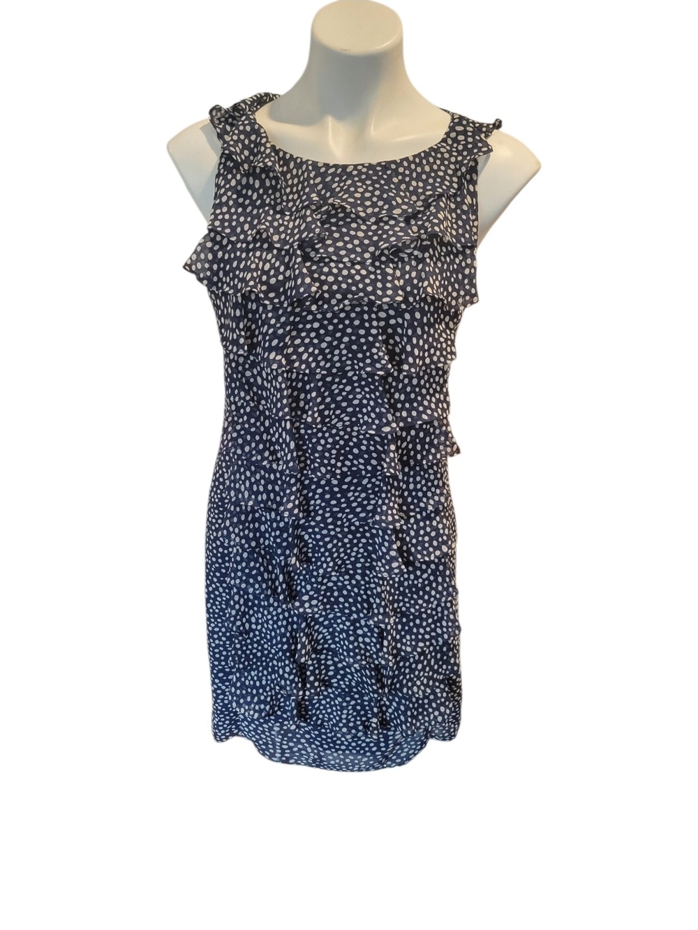 Adrianna Papell Navy and White Polka Dot Ruffle Mini Dress